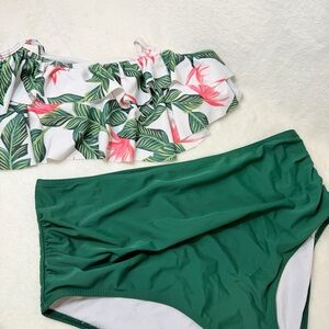 Tropical Green Pink White Floral Ruffle High Waisted Green Bikini 2Pc Set XXL